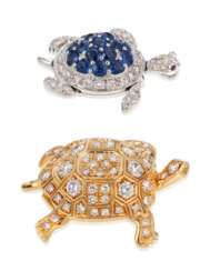 TWO DIAMOND AND SAPPHIRE TURTLE BROOCHES