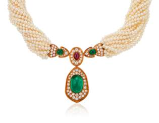 HARRY WINSTON EMERALD, DIAMOND, RUBY AND PEARL NECKLACE