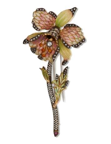DIAMOND AND ENAMEL ORCHID BROOCH - photo 1