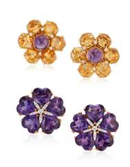 TWO PAIRS OF DIAMOND AND MULTI-GEM FLOWER EARRINGS