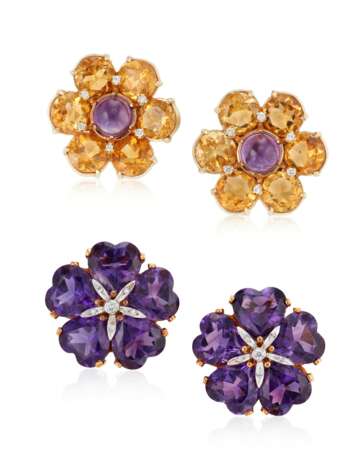 TWO PAIRS OF DIAMOND AND MULTI-GEM FLOWER EARRINGS - фото 1