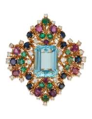 AQUAMARINE, DIAMOND AND MULTI-GEM PENDANT BROOCH WITH GIA REPORT