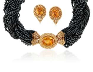 CITRINE, DIAMOND AND HEMATITE NECKLACE AND EARRINGS