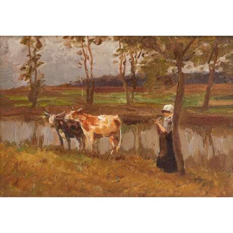 JUNGHANNS, Julius Paul, ATTRIBUIERT (1876-1958), "Hirtin mit zwei Kälbern am Flussufer", - Foto 1