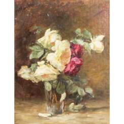 MANDEL, M. (?, undeutlich signiert, Maler/in 19./20. Jahrhundert), "Stillleben mit Rosen in Glasvase",