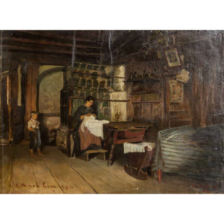 ORTLIEB, FRIEDRICH (Stuttgart 1839-1909 München), "Junge Frau mit Knaben in der Stube", - Foto 1