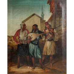 MALER/IN 19. Jahrhundert, "Drei orientalische Musiker vor der Stadt",
