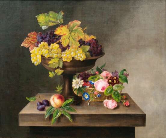 Johanne Hellesen. Stilleben mit Blütenkorb und Früchten in einer Schale - фото 1