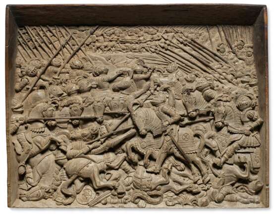 A WALNUT RELIEF PANEL DEPICTING THE ‘BATTLE OF THE SPURS’, THE VICTORY OF EMPEROR MAXIMILIAN I AND KING HENRY VIII OF ENGLAND OVER THE FRENCH IN 1513, NEAR GUINEGATE - фото 1