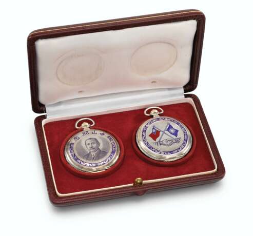 MAGNO, PAIR OF SILVER AND ENAMEL HUNTER CASE KEYLESS LEVER PRESENTATION WATCHES WITH CONSECUTIVE MOVEMENT NUMBERS AND ORIGINAL BOX, MADE TO CELEBRATE THE LOYALTY OF TAIWAN TO SUN YAT-SEN - photo 1
