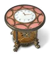 FABERGÉ,TWO-COLOR GOLD, SILVER-GILT, GUILLOCHÉENAMEL AND PEARL-SET DESK TIMEPIECE