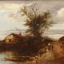 MÜLLER, K./R. (Maler 19. Jahrhundert), "Romantische Landschaft mit kleinem Haus am See",