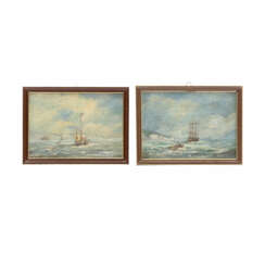 JAMES, ROY E. (Maler 19./20. Jahrhundert), PAAR Marinen "Segelschiffe vor der Küste",