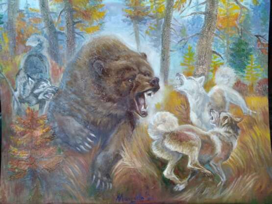 Напр “bear hunt”, Cardboard, Oil paint, Contemporary art, Animalistic, Russia, 2021 - photo 1