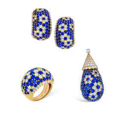 SAPPHIRE AND DIAMOND PENDANT, EARRING AND RING SUITE, VAN CLEEF &amp; ARPELS