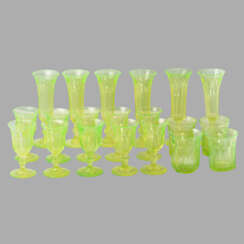 A set of uranium glass (10 glasses, 4 cups, 6 wine glasses)