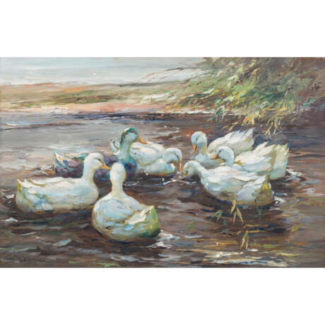 GERARD, P. (Künstler/in 20. Jahrhundert), "Uferpartie mit sieben Enten auf dem Wasser", - photo 1