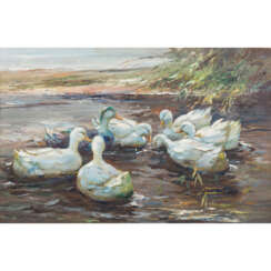 GERARD, P. (Künstler/in 20. Jahrhundert), "Uferpartie mit sieben Enten auf dem Wasser",