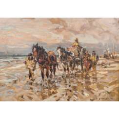 SEYLER, JULIUS (1873-1958), "Crevettenfischer mit Pferden und Wagen am Strand",