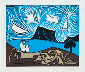 Pablo Picasso (Malaga 1881 - Mougins 1973): Couple et flûtistes au bord d'un lac (Bacchanale) 1959 