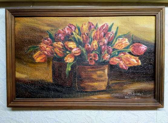 Тюльпаны в корзине Fiberboard Oil on fiberboard Realism Still life Byelorussia 2001 - photo 1