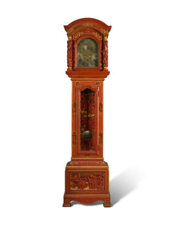 A CHINESE PARCEL-GILT RED CARVED 'CINNABAR' LACQUER LONGCASE CLOCK - photo 1