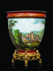 A FRENCH ORMOLU-MOUNTED AND POLYCHROME-PAINTED OPALINE VASE
