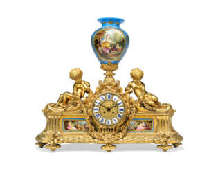 A LARGE FRENCH ORMOLU AND SEVRES-STYLE BLUE-GROUND PORCELAIN MANTEL CLOCK