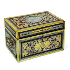 A GERMAN BRASS, PEWTER, SNAKEWOOD AND TORTOISESHELL 'BOULLE' MARQUETRY CASKET