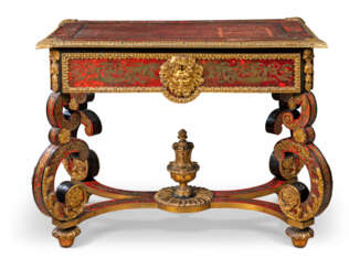 A FRENCH ORMOLU-MOUNTED AND CUT-BRASS-INLAID RED TORTOISESHELL 'BOULLE' MARQUETRY WRITING TABLE
