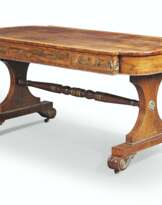 A REGENCY BRASS-MOUNTED BRAZILIAN ROSEWOOD AND SATINWOOD-CROSSBANDED WRITING-TABLE