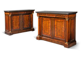 A PAIR OF GEORGE IV ORMOLU-MOUNTED AND BRASS-INLAID, GONCALO ALVES, INDIAN ROSEWOOD AND EBONY MARQUETRY SIDE CABINETS 
