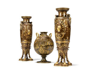THREE FRENCH 'NEO-GREC' GILT AND PATINATED-BRONZE VASES