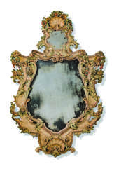 A MONUMENTAL ITALIAN GILT-VARNISHED-SILVERED ('MECCA'), WHITE AND POLYCHROME-PAINTED MIRROR