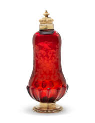 A GERMAN SILVER-GILT MOUNTED RUBY-GLASS CASTING BOTTLE