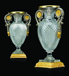 A PAIR OF RUSSIAN ORMOLU AND SILVERED-BRONZE MOUNTED CUT-GLASS VASES