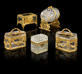 A GROUP OF FIVE FRENCH ORMOLU-MOUNTED CUT AND MOULDED GLASS BOXES