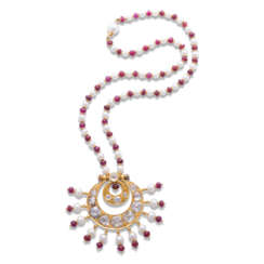 DIAMOND, RUBY AND CULTURED PEARL PENDENT NECKLACE