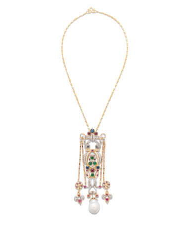 MID-20TH CENTURY MULTI-GEM AND PEARL PENDENT NECKLACE - фото 1