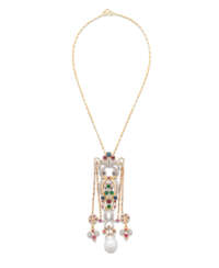 MID-20TH CENTURY MULTI-GEM AND PEARL PENDENT NECKLACE