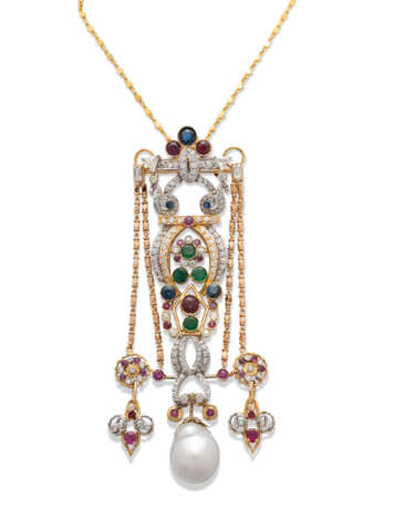 MID-20TH CENTURY MULTI-GEM AND PEARL PENDENT NECKLACE - Foto 3
