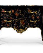 Jean-Pierre Latz. A LOUIS XV ORMOLU-MOUNTED BLACK, RED AND GILT CHINESE LACQUER BOMBE COMMODE
