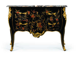 A LOUIS XV ORMOLU-MOUNTED BLACK, RED AND GILT CHINESE LACQUER BOMBE COMMODE
