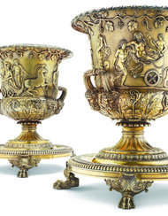 A PAIR OF GEORGE III SILVER-GILT WINE COOLERS, STANDS AND COLLARS