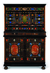 AN ITALIAN GILT-BRONZE, MARBLE AND HARDSTONE-MOUNTED IVORY-INLAID ROSEWOOD AND EBONIZED CABINET