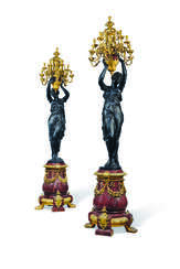 A LARGE PAIR OF ORMOLU AND PATINATED-BRONZE MOUNTED RED MARBLE THIRTEEN-LIGHT FIGURAL TORCHERES