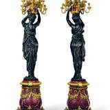 A LARGE PAIR OF ORMOLU AND PATINATED-BRONZE MOUNTED RED MARBLE THIRTEEN-LIGHT FIGURAL TORCHERES - фото 2