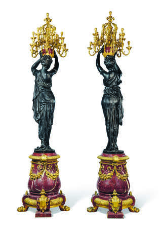 A LARGE PAIR OF ORMOLU AND PATINATED-BRONZE MOUNTED RED MARBLE THIRTEEN-LIGHT FIGURAL TORCHERES - photo 2