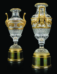 A PAIR OF LARGE FRENCH ORMOLU-MOUNTED CUT AND MOULDED-GLASS VASES