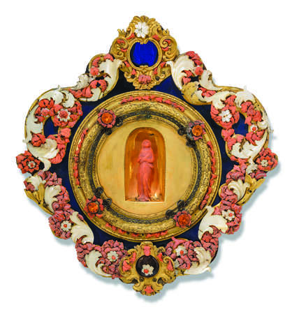 A SICILIAN GILT-COPPER, BLUE GLASS, CORAL AND MOTHER-OF-PEARL-SET RELIQUARY - фото 1
